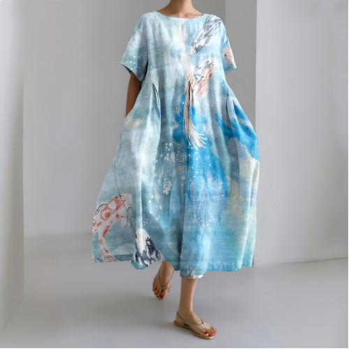 Japanese Art Fish Print Short Sleeve Loose Midi Dress