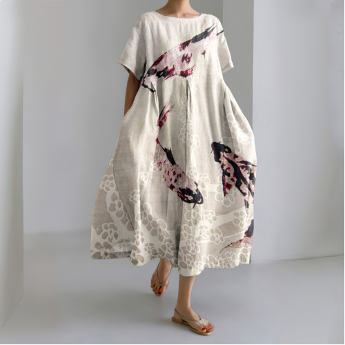 Japanese Art Fish Sakura Print Short Sleeve Loose Midi Dress