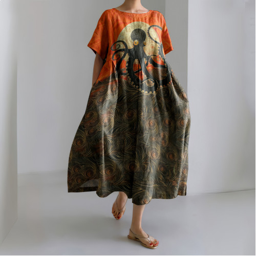 Japanese Art Floral Octopus Print Casual Art Linen Blend Maxi Dress