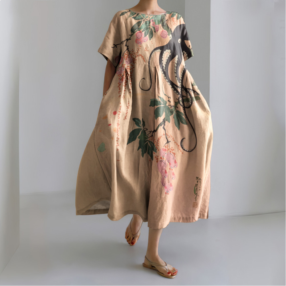 Japanese Art Floral Octopus Print Casual Art Linen Blend Maxi Dress
