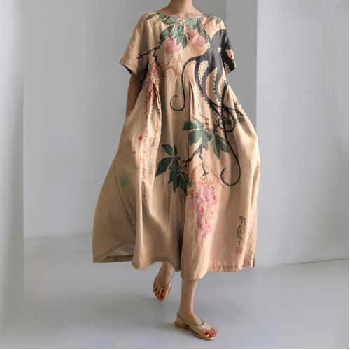 Japanese Art Floral Octopus Print Casual Art Linen Blend Maxi Dress