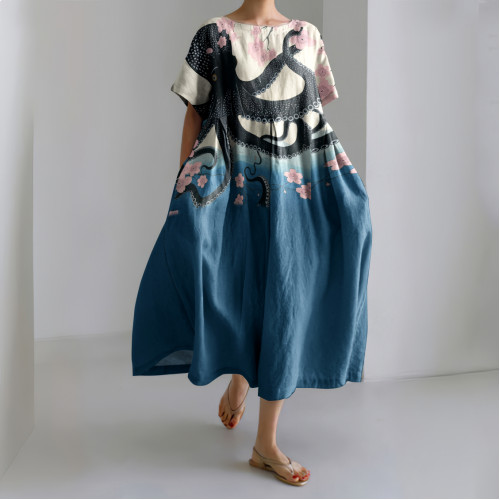 Japanese Art Floral Octopus Sea World Floral Print Casual Art Linen Blend Maxi Dress