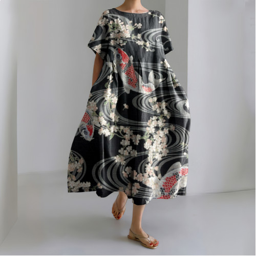 Japanese Art Flower & Fish Print Loose Midi Dress