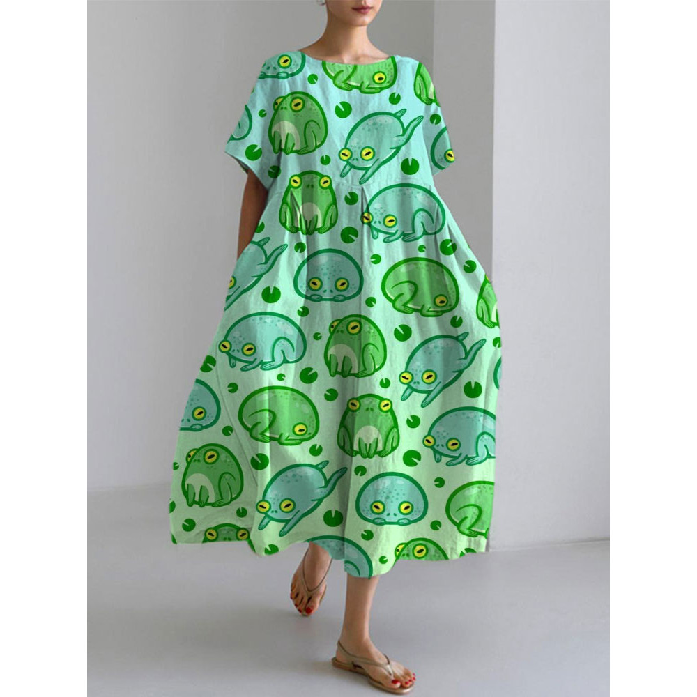 Japanese Art Frog Print Cotton Blend Dress