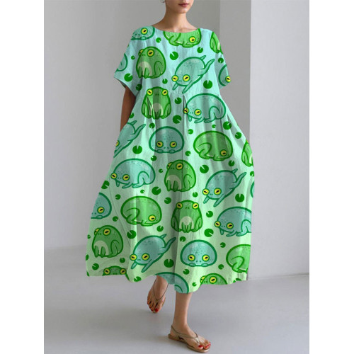 Japanese Art Frog Print Cotton Blend Dress