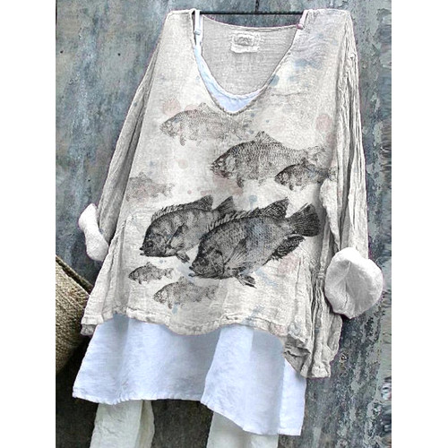 Japanese Art Gyotaku Cozy Cotton Linen Shirt