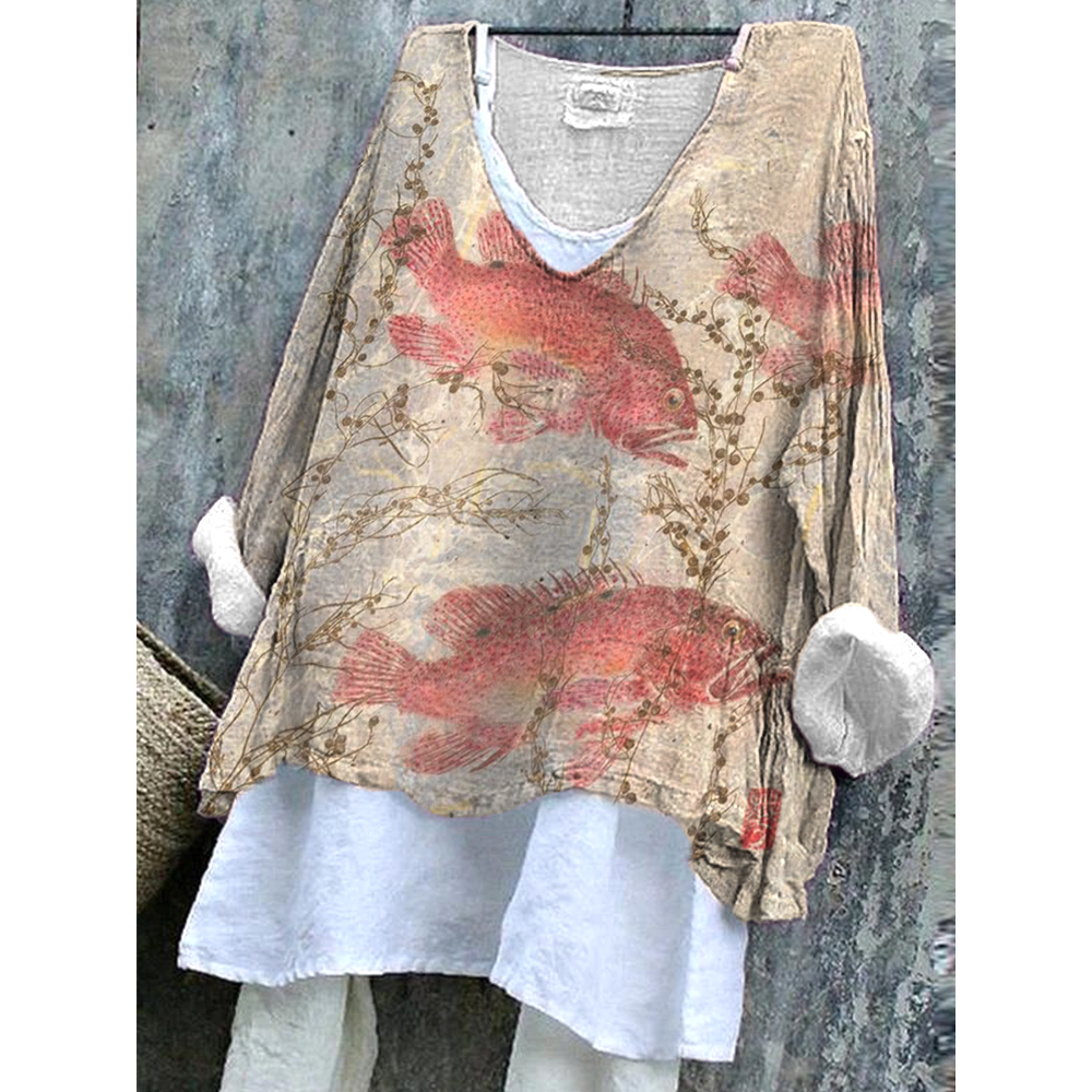 Japanese Art Gyotaku  Cozy Cotton Linen Shirt