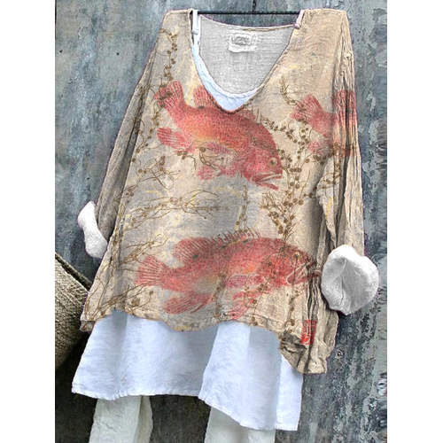 Japanese Art Gyotaku  Cozy Cotton Linen Shirt