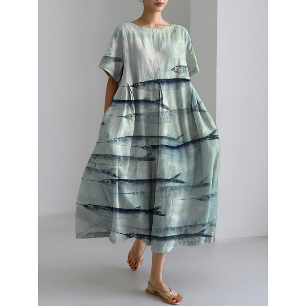 Japanese Art Gyotaku Linen Blend Maxi Dress