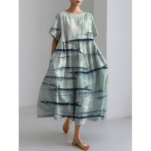 Japanese Art Gyotaku Linen Blend Maxi Dress