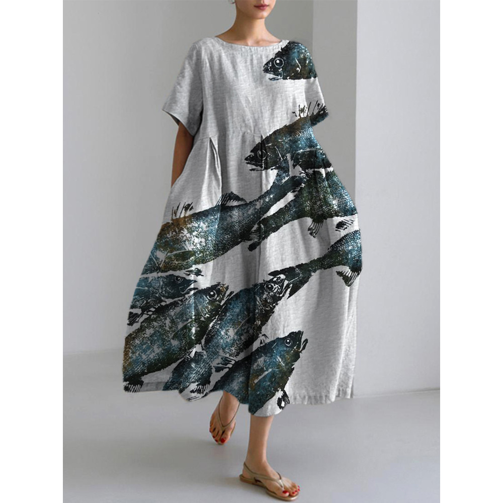 Japanese Art Gyotaku Linen Blend Maxi Dress