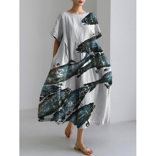 Japanese Art Gyotaku Linen Blend Maxi Dress