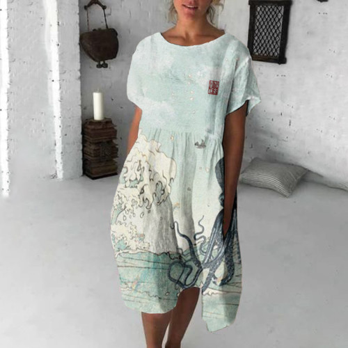 Japanese Art Huge Waves And Octopus Print Crew Neck Loose Midi Dress
