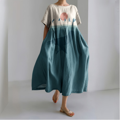 Japanese Art I Like A Bird Whale Art Print Painting Print Linen Blend Dress