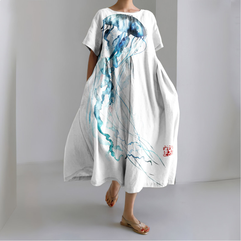 Japanese Art Jellyfish Print Short Sleeve Loose Midi Dress