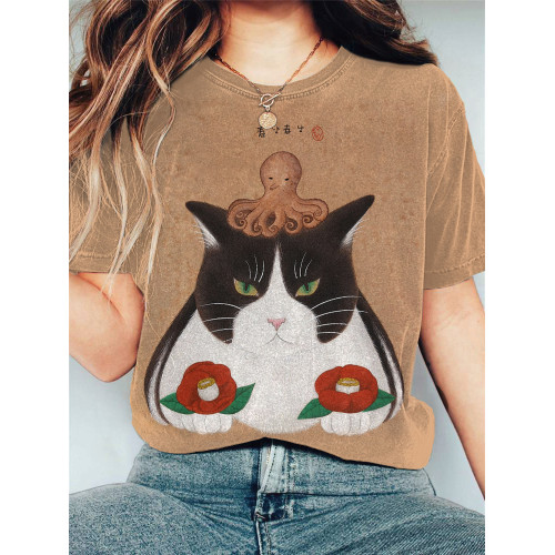 Japanese Art Ocean Cats Print Cotton Blend T-shirt