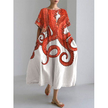 Japanese Art Ocean Octopus Print Cotton Blend Dress