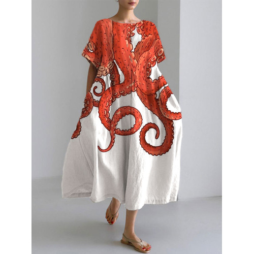 Japanese Art Ocean Octopus Print Cotton Blend Dress