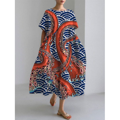 Japanese Art Ocean Octopus Print Cotton Blend Dress