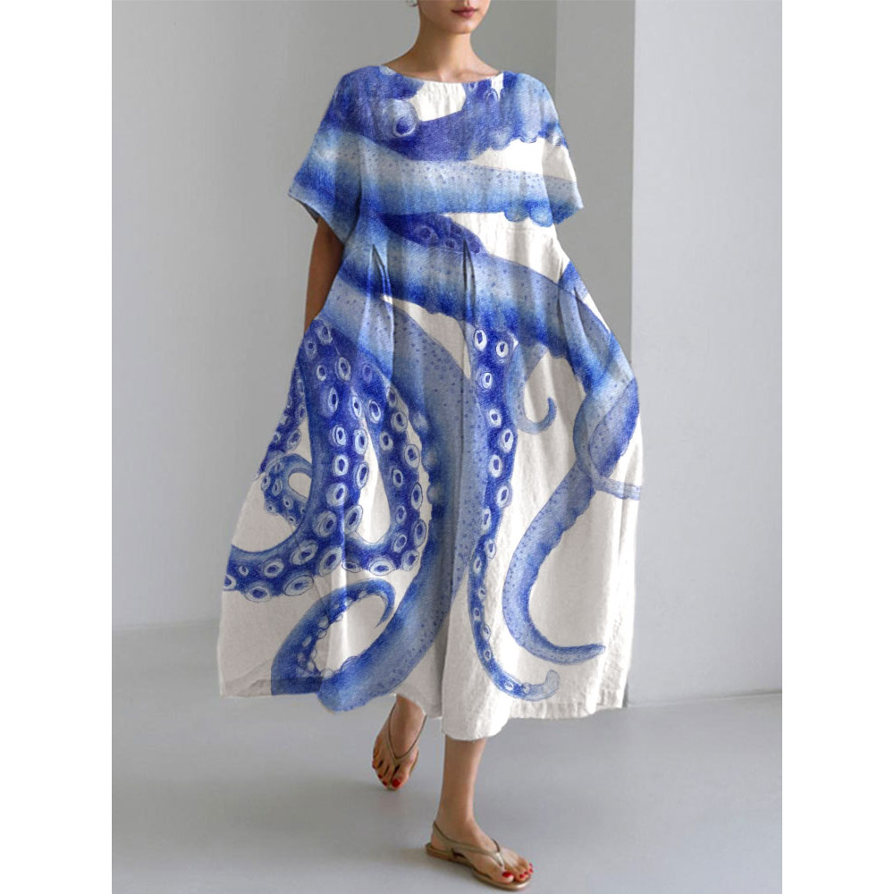 Japanese Art Ocean Octopus Print Cotton Blend Dress