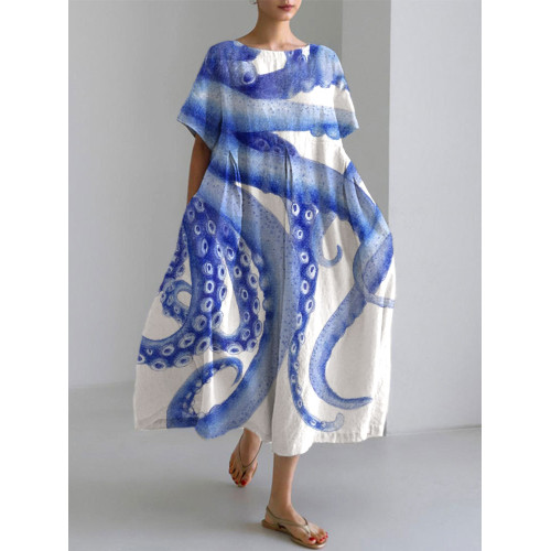 Japanese Art Ocean Octopus Print Cotton Blend Dress