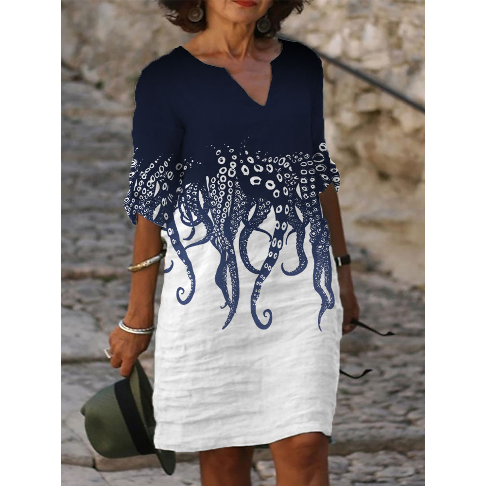 Japanese Art Ocean Octopus Print Cotton Blend Dress