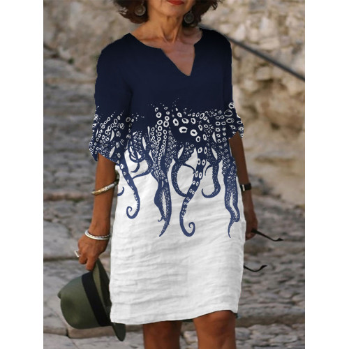 Japanese Art Ocean Octopus Print Cotton Blend Dress