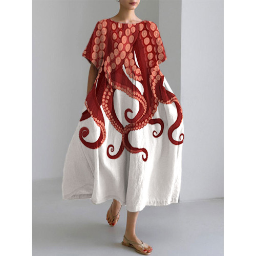 Japanese Art Ocean Octopus Print Cotton Blend Dress