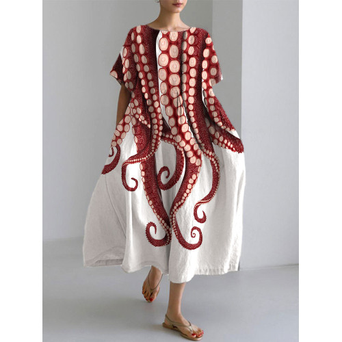 Japanese Art Ocean Octopus Print Cotton Blend Dress