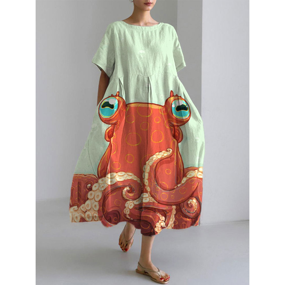 Japanese Art Ocean Octopus Print Cotton Blend Dress
