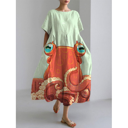 Japanese Art Ocean Octopus Print Cotton Blend Dress