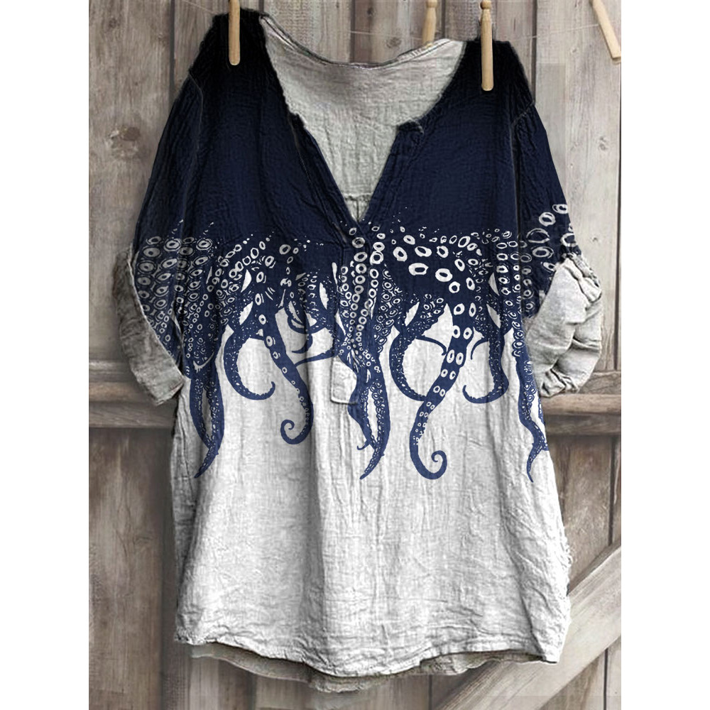 Japanese Art Ocean Octopus Print Cotton Blend Shirt