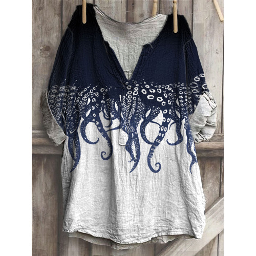 Japanese Art Ocean Octopus Print Cotton Blend Shirt