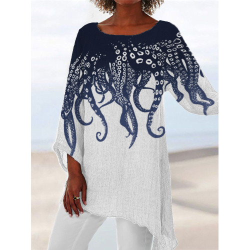 Japanese Art Ocean Octopus Print Cotton Blend Shirt