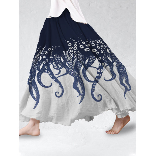 Japanese Art Ocean Octopus Print Cotton Blend Skirt