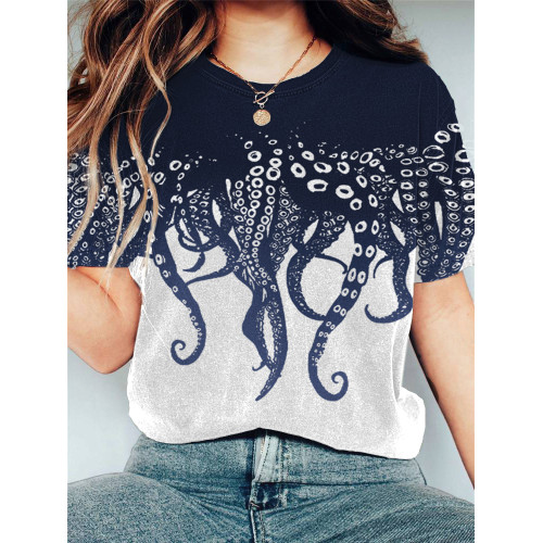 Japanese Art Ocean Octopus Print T-shirt