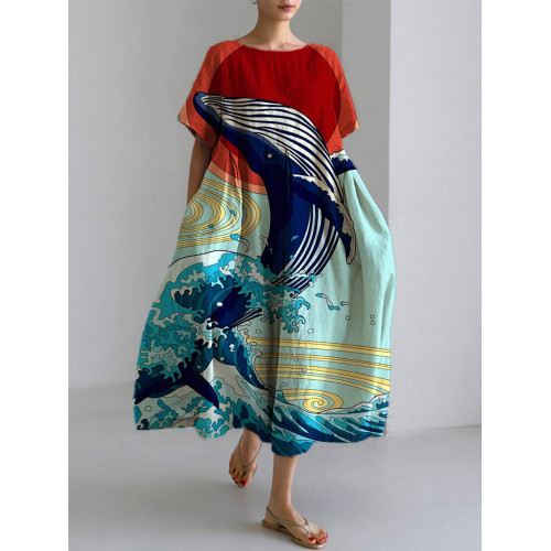 Japanese Art Ocean Whale Print Cotton Blend Dress