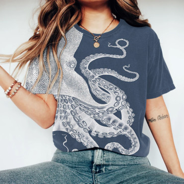 Japanese Art Octopus Graphic Printed Casual T-Shirt