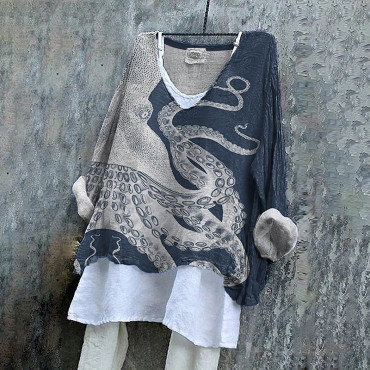 Japanese Art Octopus Graphic Printed V-Neck Casual Blouse