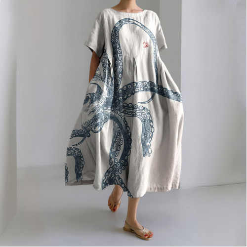 Japanese Art Octopus Print Casual Art Linen Blend Maxi Dress