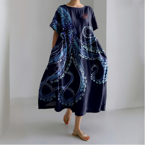 Japanese Art Octopus Print Casual Midi Dress