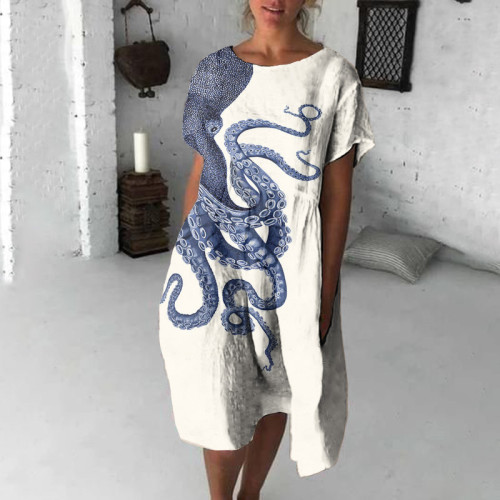 Japanese Art Octopus Print Crew Neck Loose Midi Dress