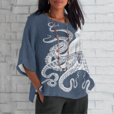 Japanese Art Octopus Print Loose T-Shirt