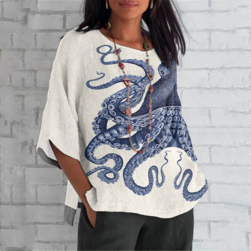 Japanese Art Octopus Print Loose T-Shirt