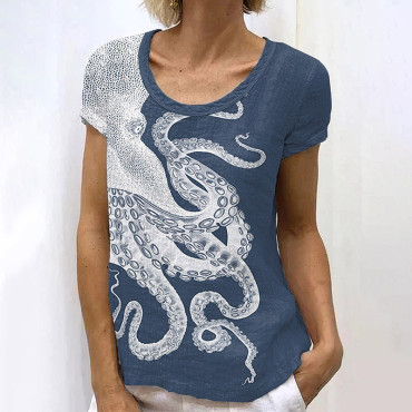 Japanese Art Octopus Print Short Sleeve T-Shirt