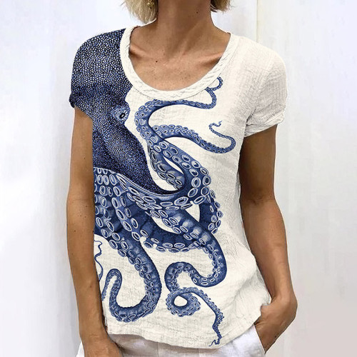Japanese Art Octopus Print Short Sleeve T-Shirt