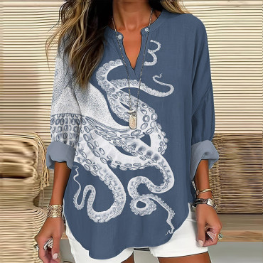 Japanese Art Octopus Print V-Neck Loose Blouse