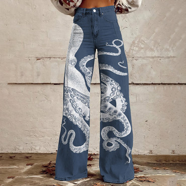 Japanese Art Octopus Print Wide Leg Jeans