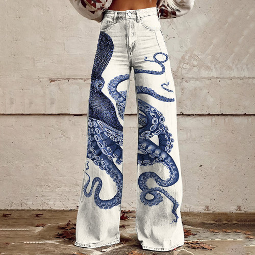 Japanese Art Octopus Print Wide Leg Jeans
