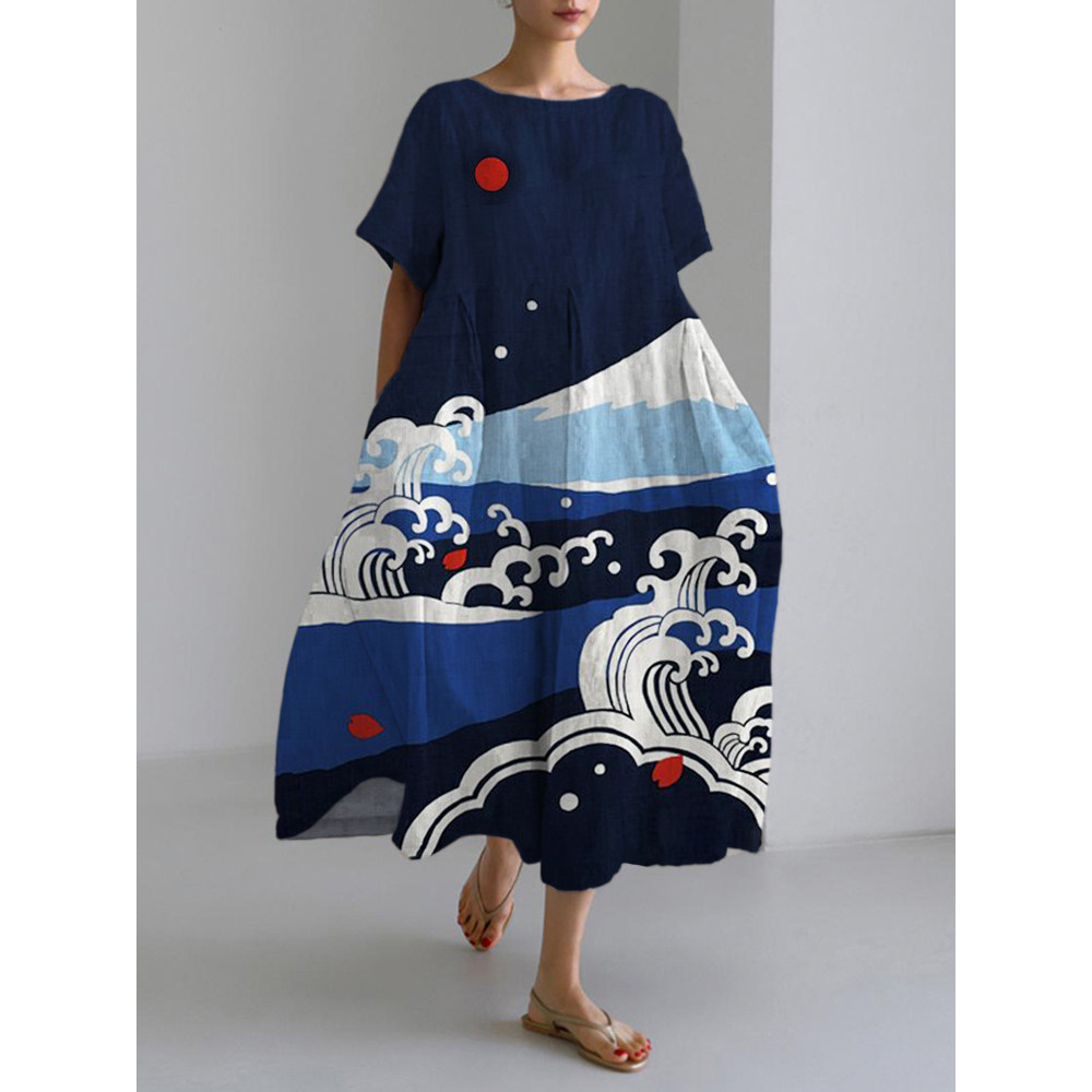 Japanese Art Print Linen Maxi Dress